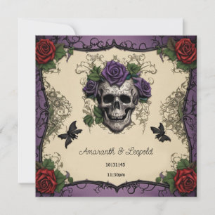 Skull Moths with Roses Gothic Halloween Wedding Invitation