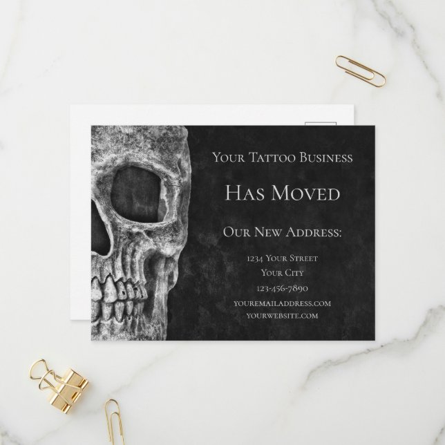 Skull Moving Gothic Black And White Tattoo Shop Invitation Postcard (Front/Back In Situ)