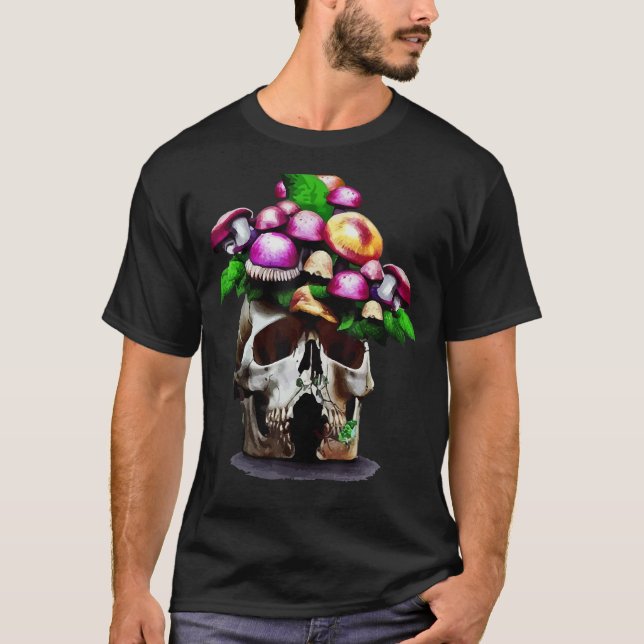 Skull Mushrooms Collector Graphic Art Mushroom Pic T-Shirt (Front)