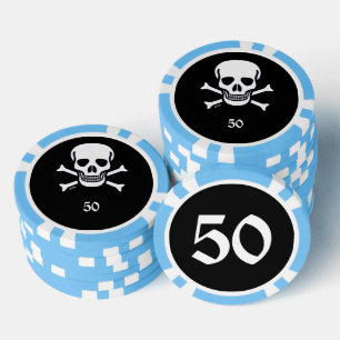 Skull n Bones black lt blue 50 striped poker chip