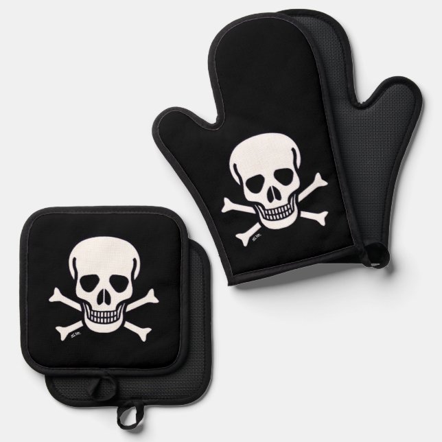 Skull n Bones blk sillicone oven mitts pot holders Oven Mitt & Pot Holder Set (Front/Back)