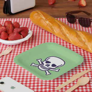 Skull n Bones green square paper plates