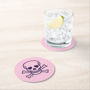 Skull n Bones pink round paper drink coasters