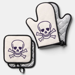 Skull n Bones silver oven mitts pot holder set