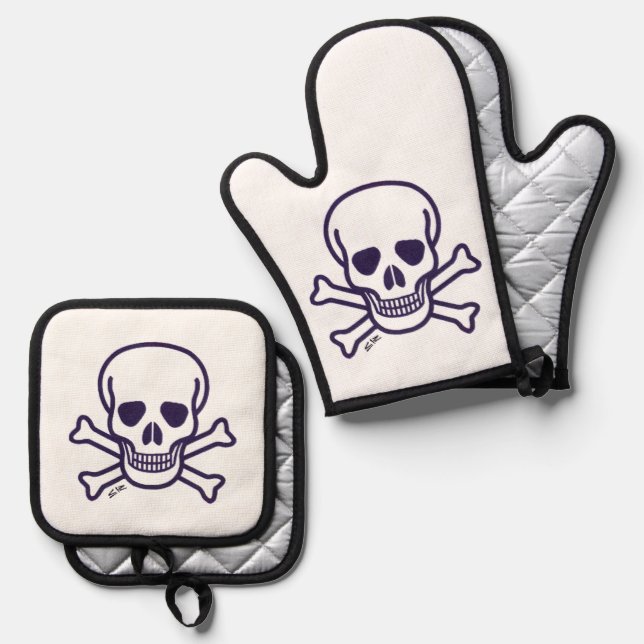 Skull n Bones silver oven mitts pot holder set (Front/Back)