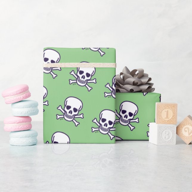 Skull n Bones white green glossy wrapping paper (Baby Shower)