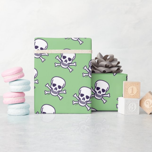 Skull n Bones white green matte wrapping paper (Baby Shower)