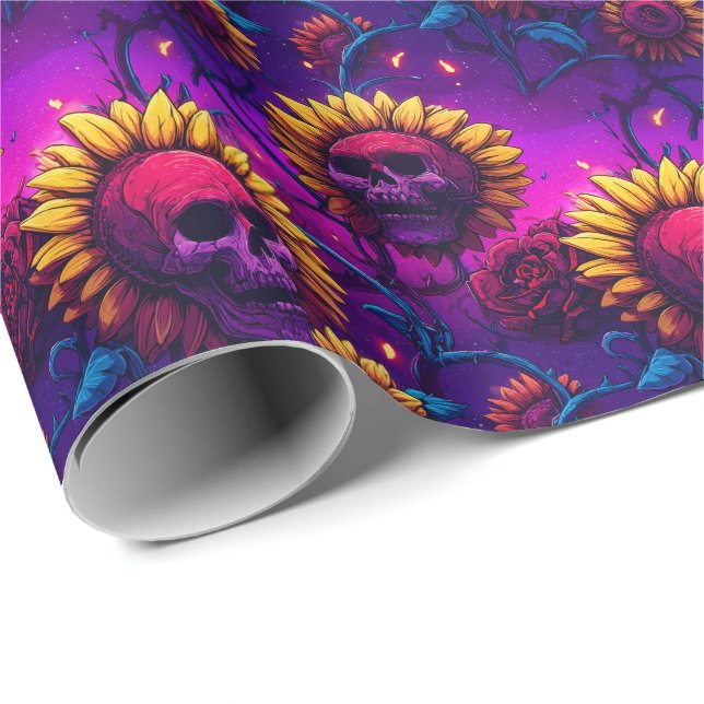 Skull n’ Sunflowers - Gothic Bloom Glow Wrapping Paper (Roll Corner)