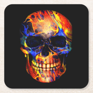 SKULL NEON PAINT ABSTRACT SQUARE PAPER COASTER