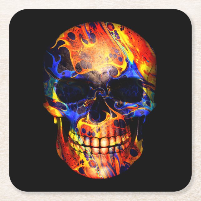 SKULL  NEON PAINT ABSTRACT SQUARE PAPER COASTER (Front)