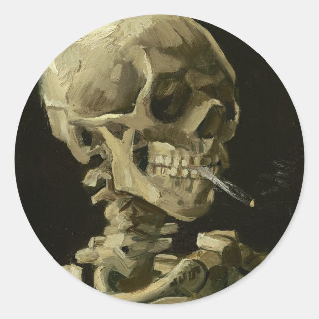 Skull of a Skeleton with Burning Cigarette Classic Round Sticker (Front)