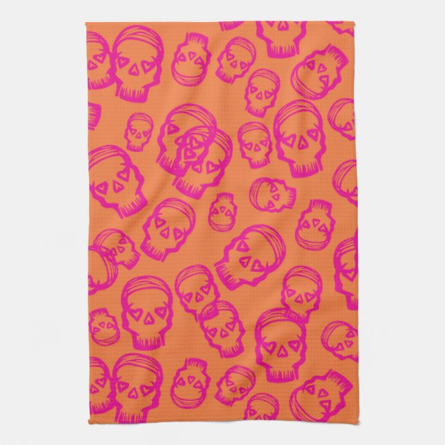 Skull of Hearts - Pink & Orange Tea Towel (Vertical)
