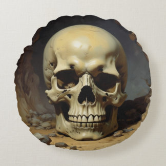 Skull Oil Painting Style Painting Illustration Round Cushion