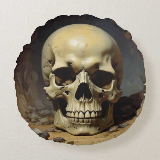 Skull Oil Painting Style Painting Illustration Round Cushion (Front)