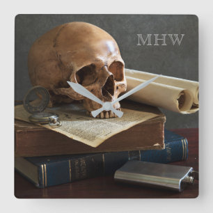 Skull on Books custom monogram wall clock