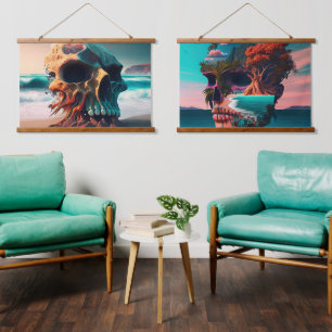 Skull on the beach hanging tapestry