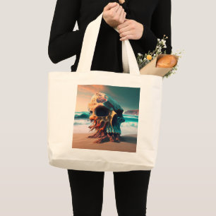 Skull on the beach large tote bag
