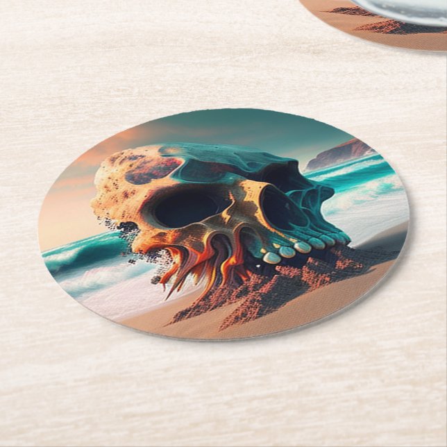 Skull on the beach round paper coaster (Angled)