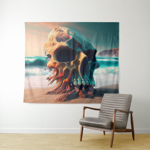 Skull on the beach tapestry
