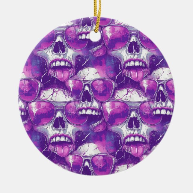 Skull Pattern Design with Purple Sunglasses Ceramic Tree Decoration (Front)