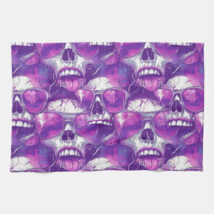 Skull Pattern Design with Purple Sunglasses Tea Towel