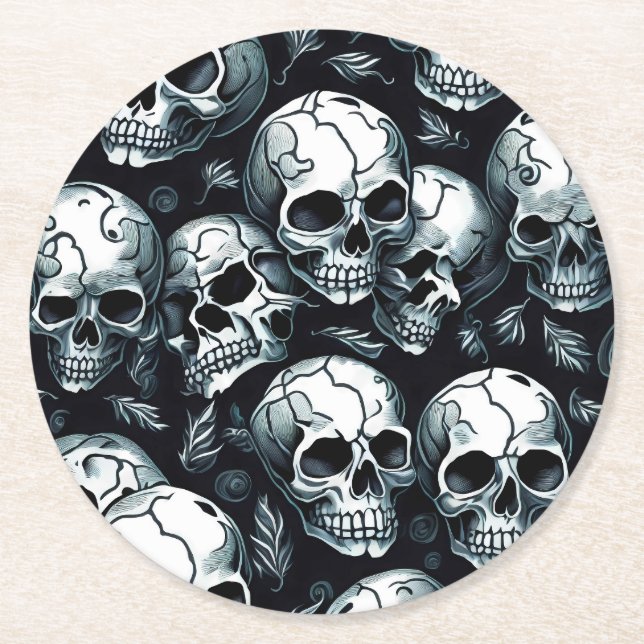 Skull Pattern Halloween themed Round Paper Coaster (Front)