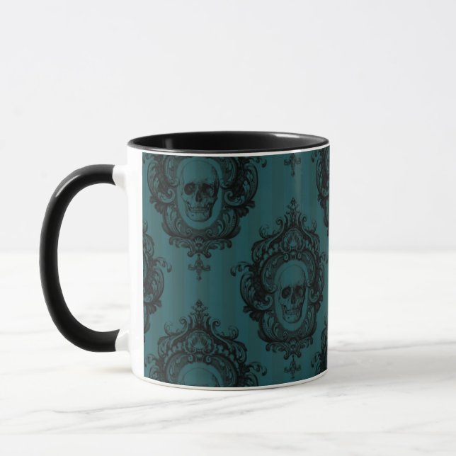 Skull Pattern on Green Vertical Stripes Halloween Mug (Left)