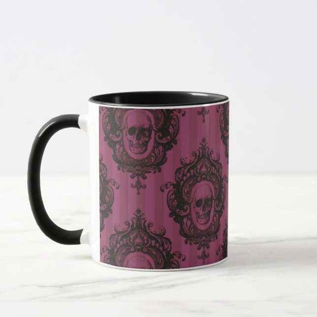 Skull Pattern on Pink Vertical Stripes Halloween Mug (Left)