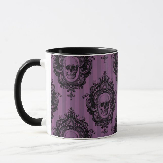 Skull Pattern on Purple Vertical Stripes Halloween Mug (Left)
