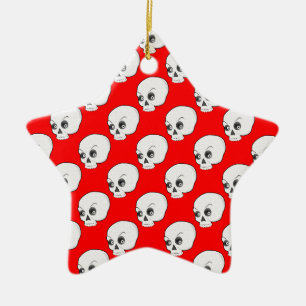 Skull Pattern On Red Background Ceramic Tree Decoration