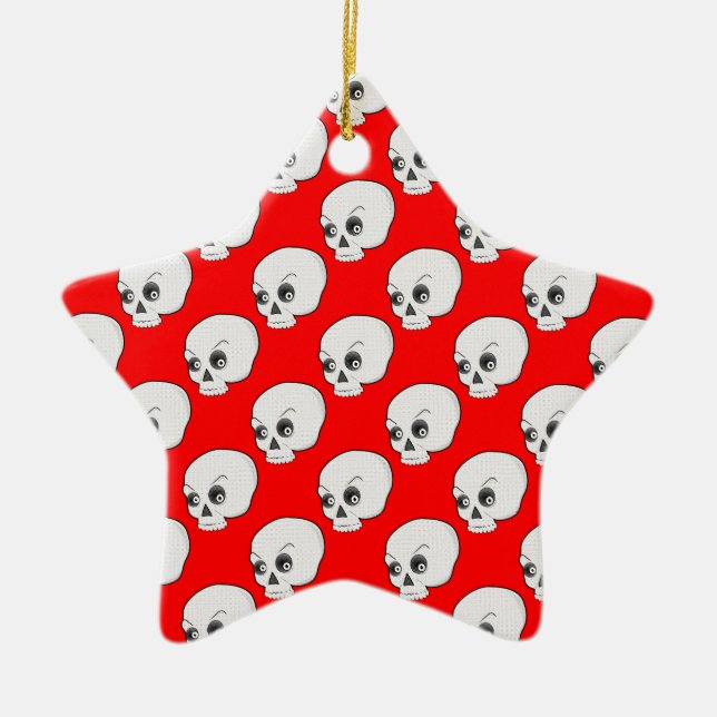 Skull Pattern On Red Background Ceramic Tree Decoration (Front)