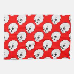 Skull Pattern On Red Background Tea Towel