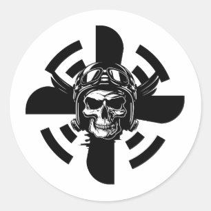 Skull Pilot & Aeroplane Propeller, Minimalist,Blac Classic Round Sticker