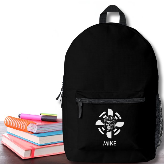 Skull Pilot Aeroplane Propeller Minimalist Black Printed Backpack (Creator Uploaded)