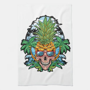 Skull Pineapple Head With Glasses And Coconut Tree Tea Towel