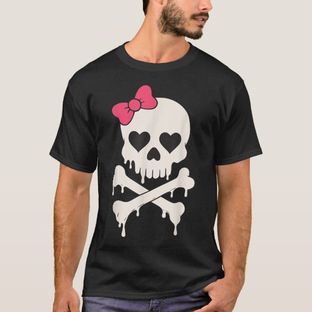 Skull Pink Bow Dripping Crossbone Halloween T-Shirt (Front)