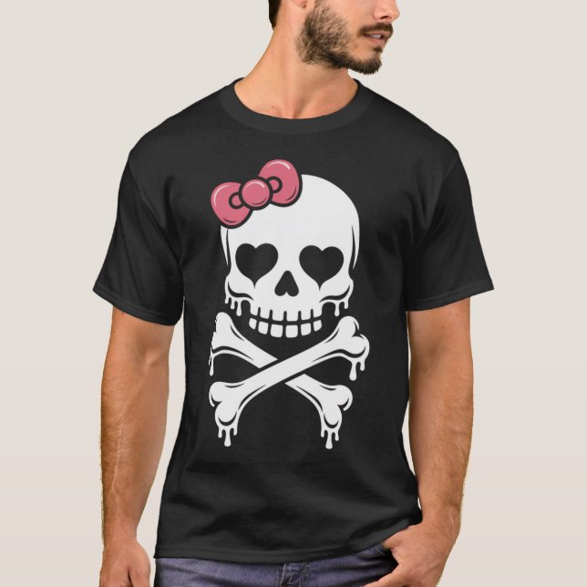 Skull Pink Bow Dripping Halloween T-Shirt (Front)