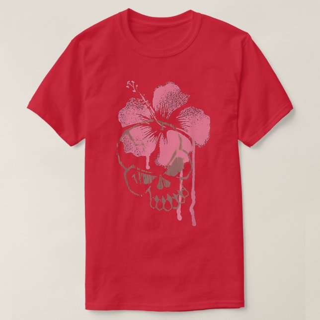 Skull Pink Flower Hibiscus Art Halloween 6372 T-Shirt (Design Front)