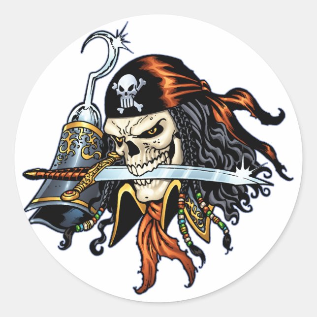 Skull Pirate with Sword and Hook by Al Rio Classic Round Sticker (Front)