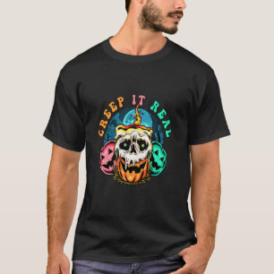 Skull Pumpkin Candle Creep It Real Cool Halloween T-Shirt