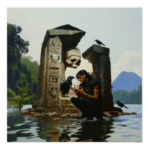 Skull Raven Sepulcher Witchy AI Art Semi-Gloss Poster