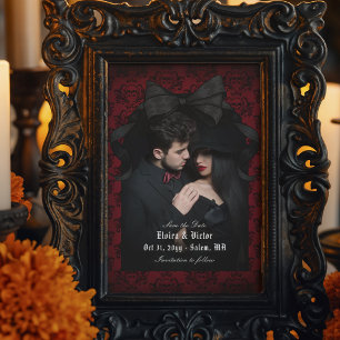 Skull Red Damask Black Bow Goth Wedding Save The Date