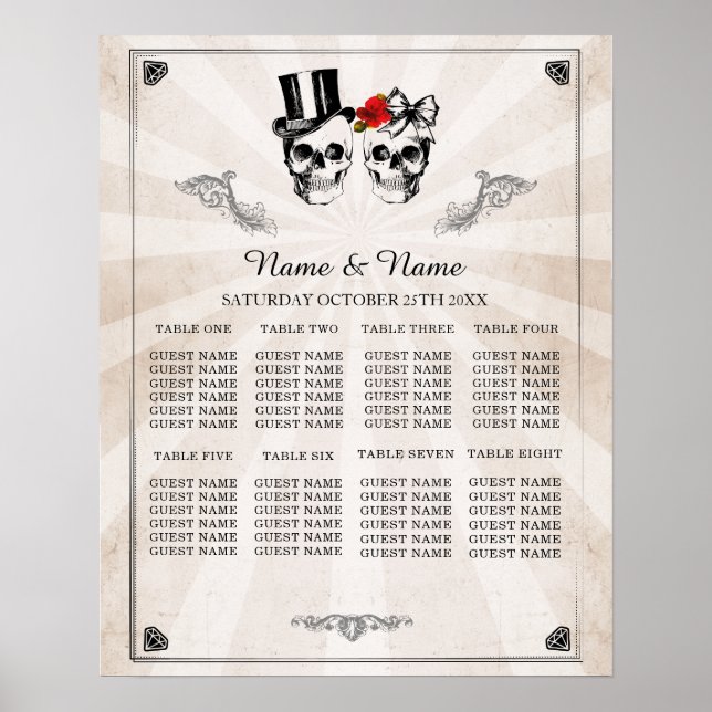 Skull Red Rose 8 Table Plan Wedding Poster Seating (Front)