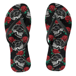 Skull Red Rose   Distressed Modern Gothic Glam Flip Flops