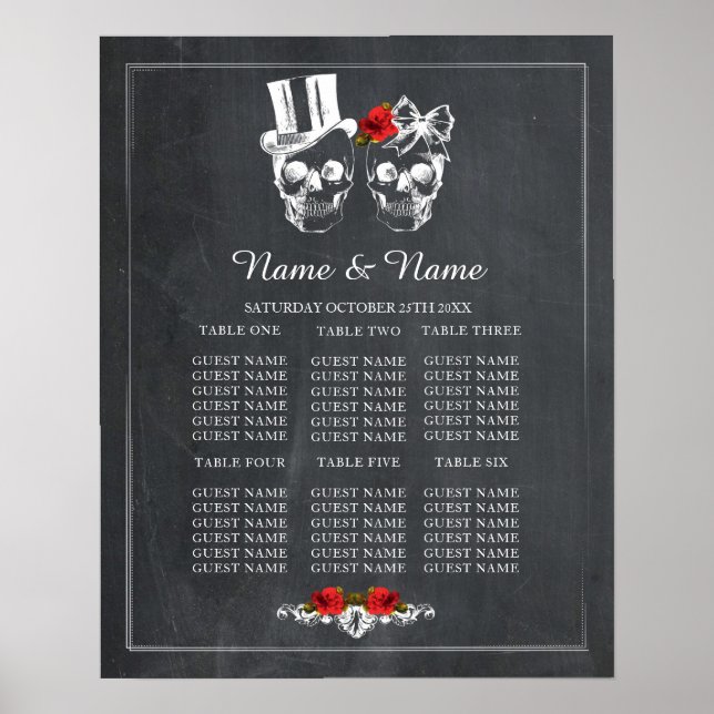 Skull Red Rose Table Plan Wedding Poster Seating (Front)