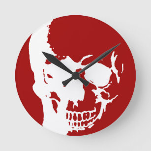 Skull - Red & White Metal Fantasy Art Round Clock