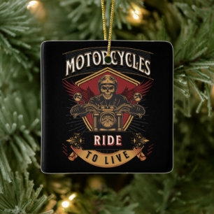 Skull Ride Motorcycles, Ride To Live  Ceramic Ornament