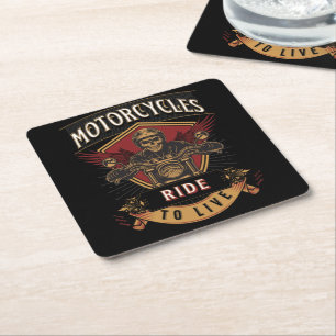 Skull Ride Motorcycles, Ride To Live Square Paper Coaster
