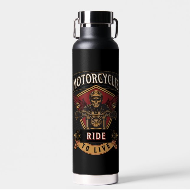 Skull Ride Motorcycles, Ride To Live  Water Bottle (Front)