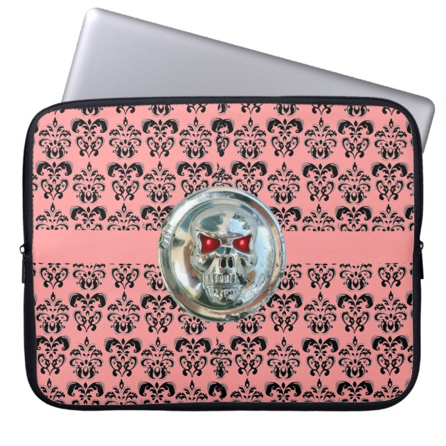 SKULL RIDERS DAMASK pink black Laptop Sleeve (Front)